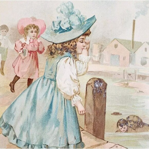 1898 Victorian Lithograph Beautiful Girl Dog Saves Drowning Boy Blue Dress DWMM4 - Picture 1 of 2